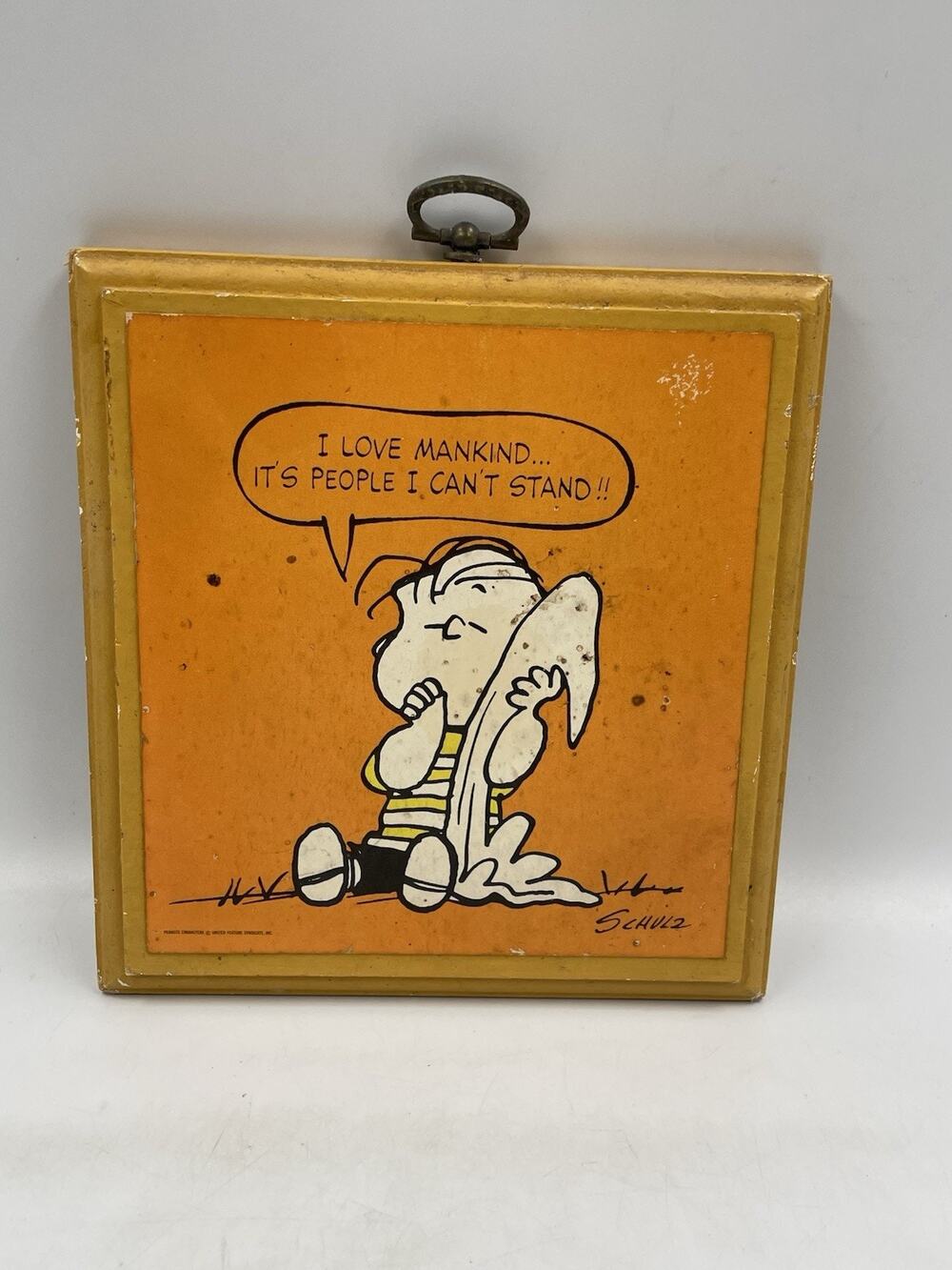 Vtg Peanuts Linus "I Love Mankind...It's People I Can't Stand" Wood Wall Plaque